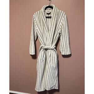 Annie Selke Bubble Stripe Fleece Robe White Gray OS Womens Plush Luxury Long